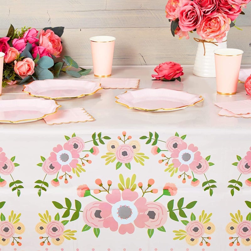 Sparkle and Bash Floral Plastic Rectangular Tablecloth - Easy-Clean Disposable Tablecloth - Party-Ready Baby Shower Decor - Festive Birthday & Tea Party Disposable Table Cover - 3-Pack, 54x108in, Pink - Image 2